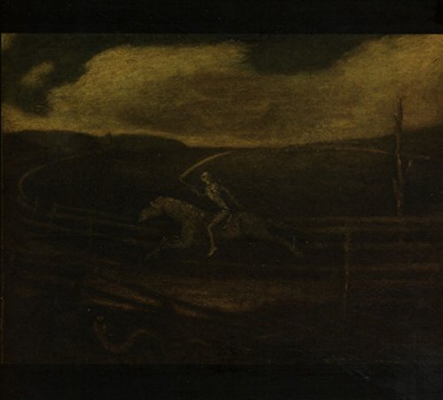 Dark painting of a skeletal figure riding a horse across a landscape.