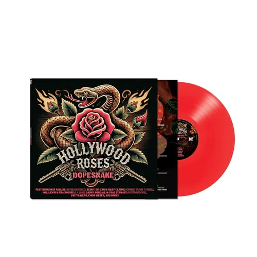 Red vinyl record with cover art featuring a snake and rose.