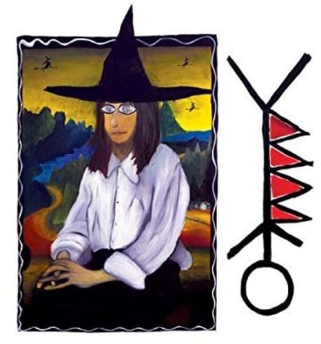 Painting of a woman in a witch’s hat and abstract red design.