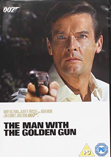 Roger Moore as James Bond holding a golden gun on DVD cover.