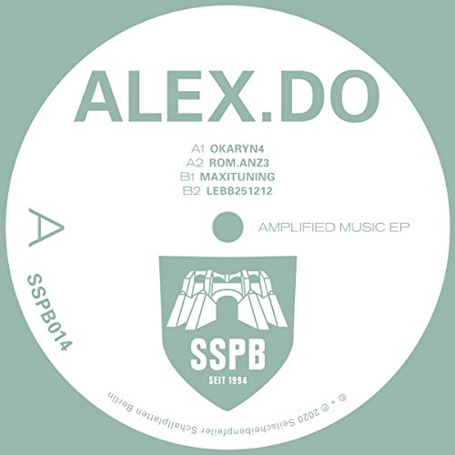 White vinyl record label with black text, a crest, and tracklist details.