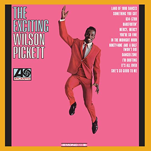 Wilson Pickett in a red suit, jumping on a pink album cover.
