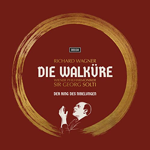 Red album cover for Wagner’s “Die Walküre” featuring Solti and a portrait.