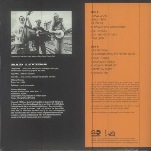 Vinyl record back cover: band photo, tracklist, and production details.