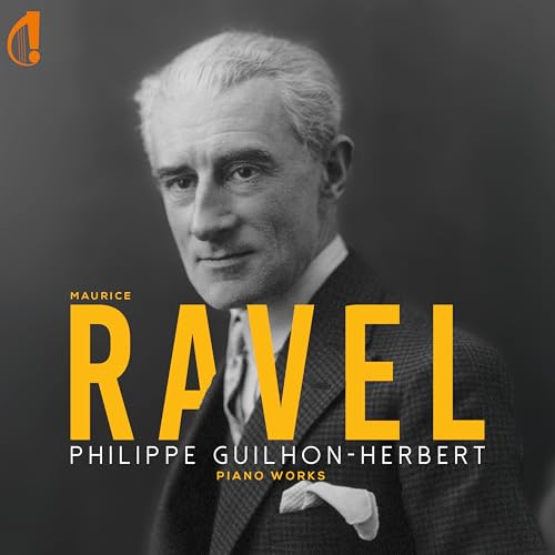 Black and white portrait of Maurice Ravel with yellow text overlay.