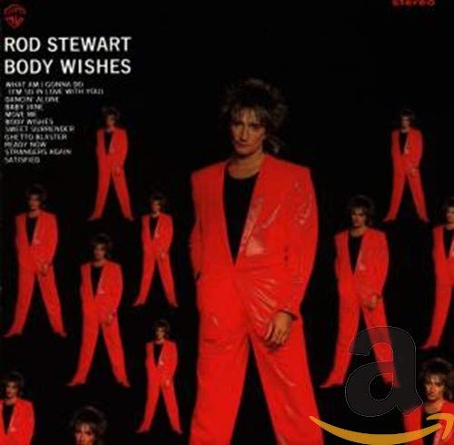 Rod Stewart album cover, "Body Wishes," featuring him in a red suit.