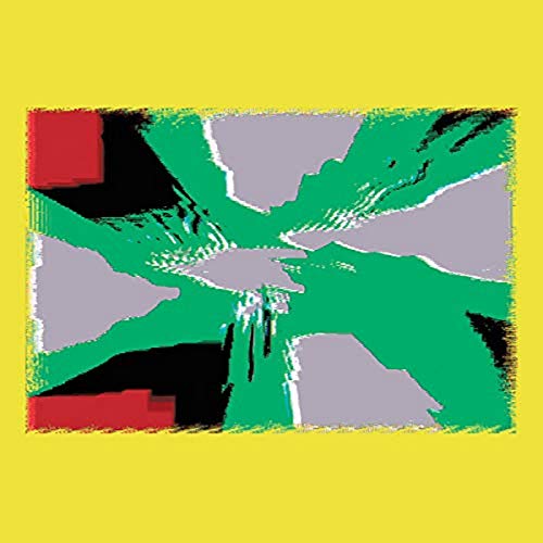 Abstract album cover with green, gray, red, and black brushstroke patterns.