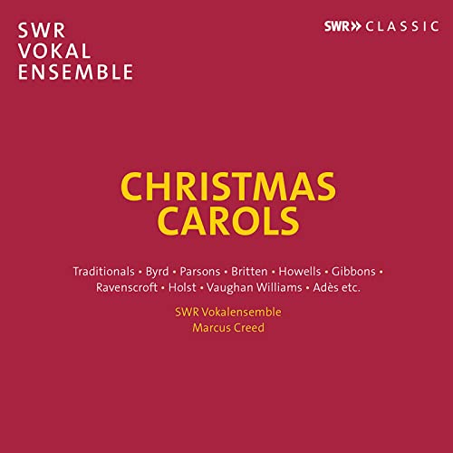 Red CD cover with gold text reading "Christmas Carols" and composer names.