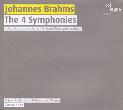 CD cover for Brahms’ Four Symphonies, grey background with yellow text.
