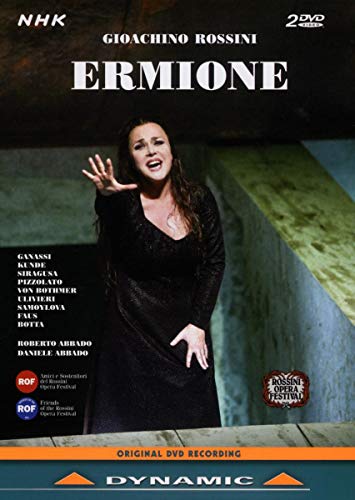 DVD cover for Rossini’s “Ermione” opera featuring a soprano in black dress.