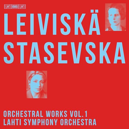 CD cover: red background, portraits of composers Leiviska and Stasevska.