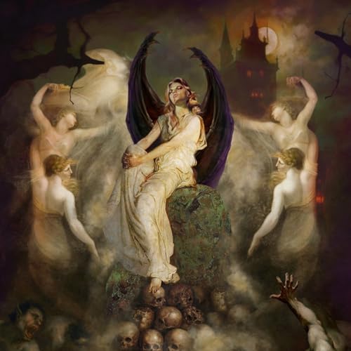 CD cover: winged woman seated on skulls before a gothic castle.