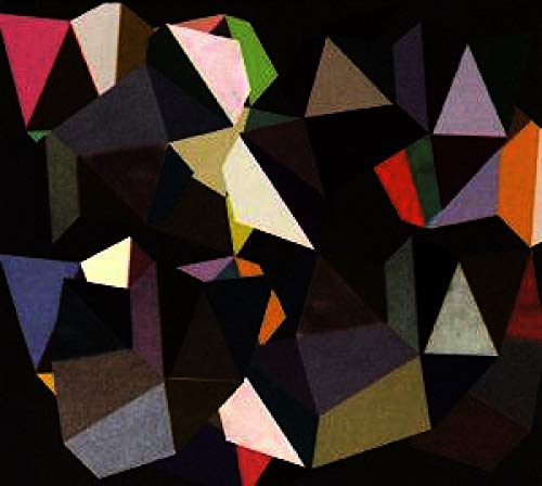 Abstract geometric shapes in shades of red, green, and orange on black.