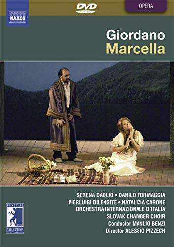 DVD cover for Giordano's opera Marcella featuring a man and woman on a stage.