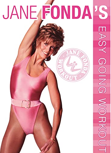 Jane Fonda in a pink leotard stretching, DVD cover art.