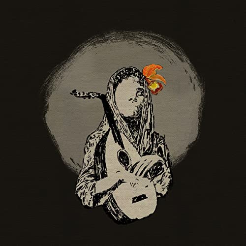 Sketch of a person with a guitar, flower in their hair.