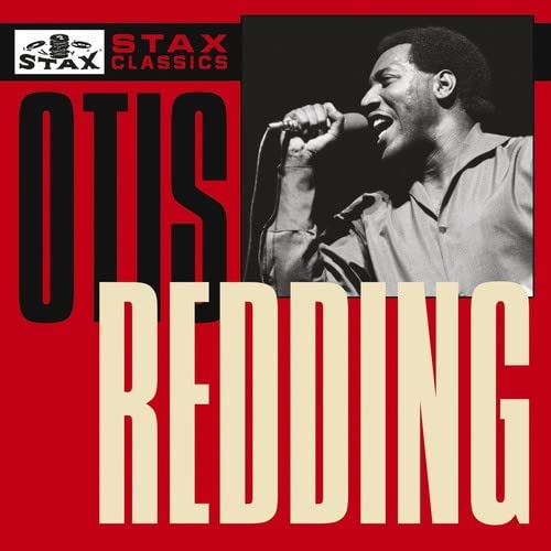 Otis Redding album cover, red background, black and white portrait.