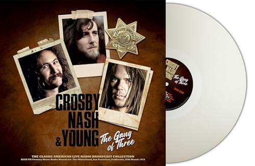 Album cover for Crosby, Nash & Young with three portraits and a vinyl record.