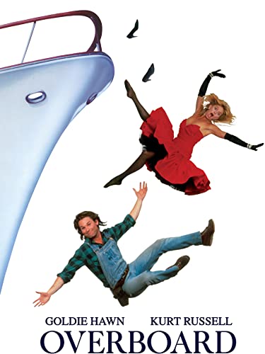Overboard Blu-ray cover: woman in red dress falling from a yacht.