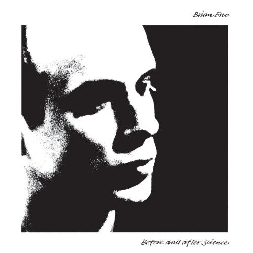 High-contrast black and white portrait of Brian Eno for the album Before and After Science.