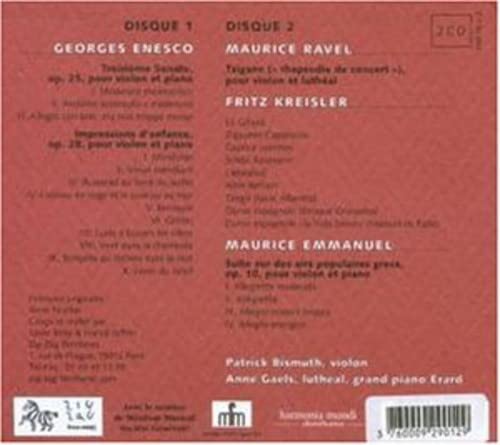 CD back cover listing composers Enesco, Ravel, Kreidler, Emmanuel, and performers.