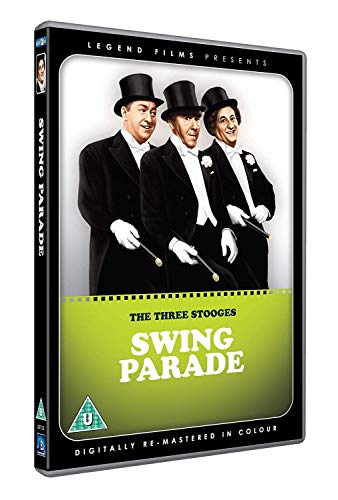 DVD cover for "Swing Parade" featuring The Three Stooges in tuxedos.