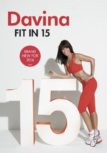 Davina McCall poses in red workout clothes next to large white “15” numerals.