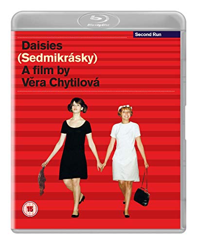 Daisies" Blu-ray cover featuring two women walking hand-in-hand on a red striped background.