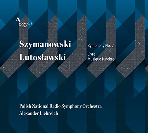 CD cover for Szymanowski & Lutosławski symphonies with blue geometric design.