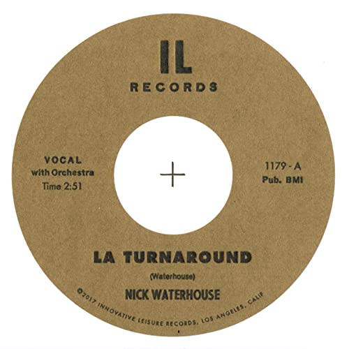 Tan vinyl record label with black text: "LA Turnaround" by Nick Waterhouse.