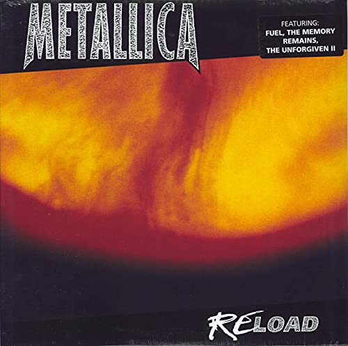 Metallica’s “Reload” vinyl record cover with orange and red abstract design.