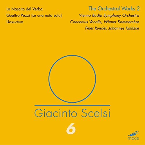 CD cover for Giacinto Scelsi’s orchestral works, yellow background, blue circle.
