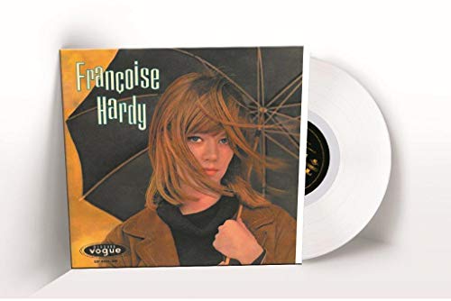 Françoise Hardy album cover with portrait and umbrella, vinyl record beside.