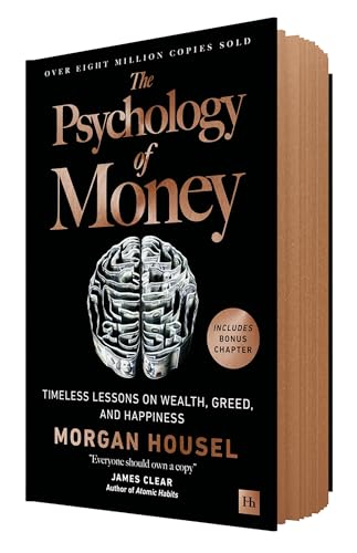 Black hardcover book, “The Psychology of Money,” with brain illustration.