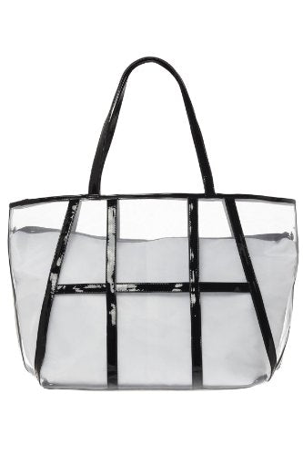 Black and clear vinyl tote bag with dual carrying handles.
