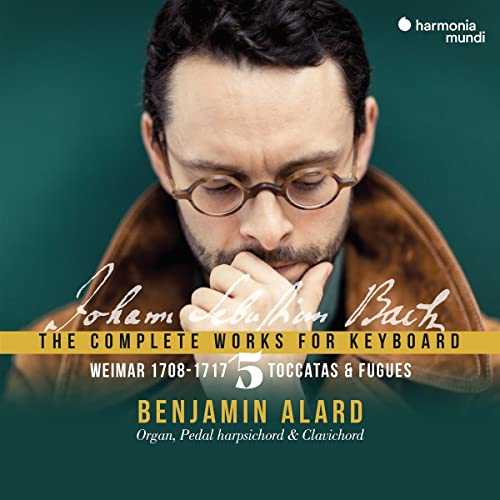 CD cover featuring Benjamin Alard, a man with glasses, and text about Bach.