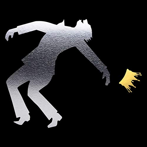 Silver silhouette of a falling figure with a golden crown nearby.