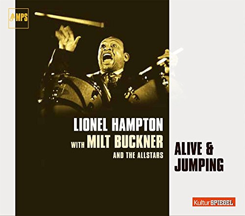Lionel Hampton playing vibraphone, album cover for “Alive & Jumping” CD.