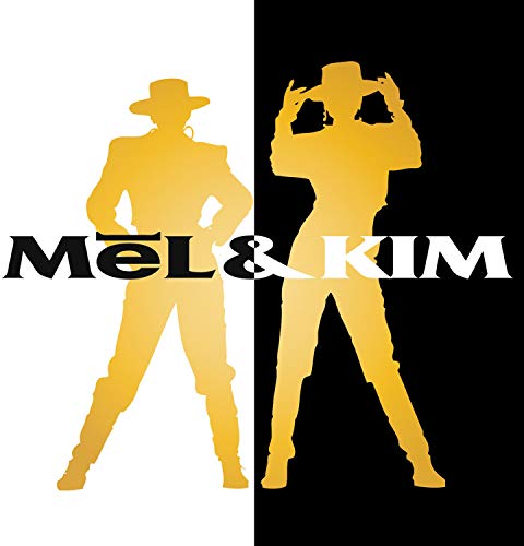 Silhouettes of Mel & Kim in gold against a split black and white background.