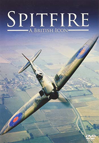 Spitfire aircraft in flight over a rural landscape, DVD cover.