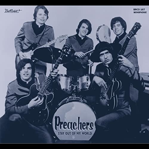 1960s band, The Preachers, with instruments, in black and white.