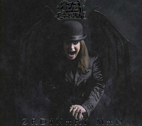 Ozzy Osbourne album cover: man with wings, bowler hat, dark background.