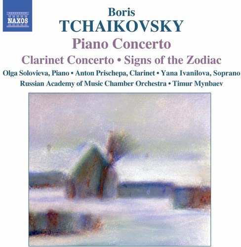 CD cover for Tchaikovsky concertos with a snowy village scene.