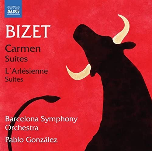 Red background with silhouette of a bull and text: Bizet Carmen Suites.