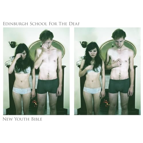 Two pairs of young adults, partially clothed, standing before a fireplace.
