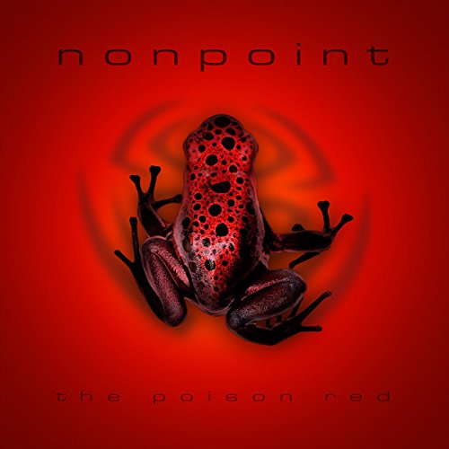Red poison dart frog centered on a red background with band name.