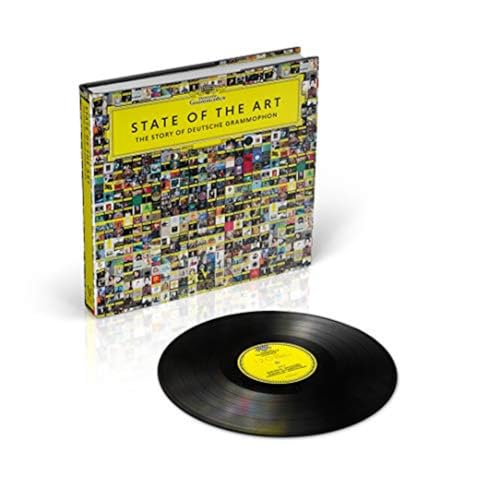 Book and vinyl record with colorful collage cover, white background.