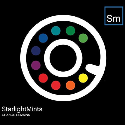 Black background with a white circular design and colorful dots.