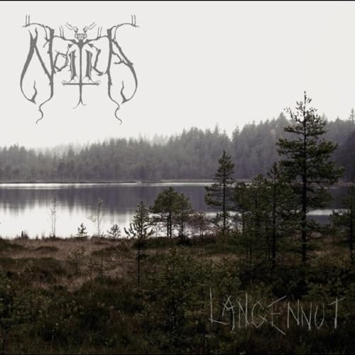 Album cover featuring a misty lake, pine trees, band logo, and the word Langennut.