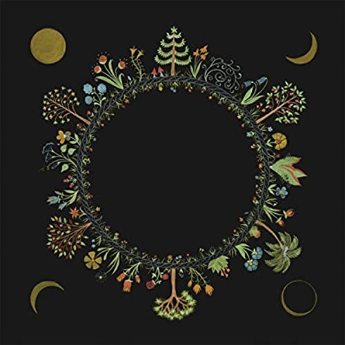 Black album cover with a circular wreath of colorful plants and celestial symbols.